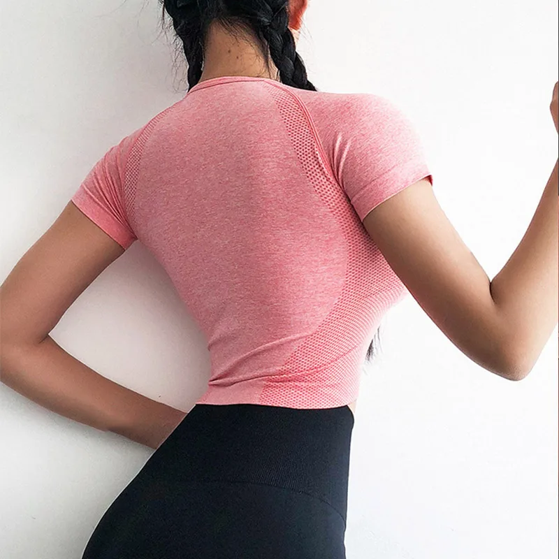 Женская спортивная футболка с коротким рукавом, укороченный топ с o-образным вырезом, бесшовное для тренировки фитнес-футболки для женщин, весна-лето, одноцветные Топы