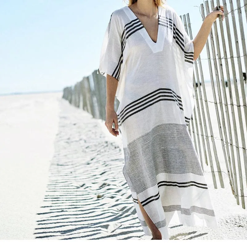 Сексуальное пляжное платье-накидка, Saida Praia Robe de Plage, купальный костюм, накидка, купальник для женщин, в полоску, одинокое пляжное платье, туники, 9401