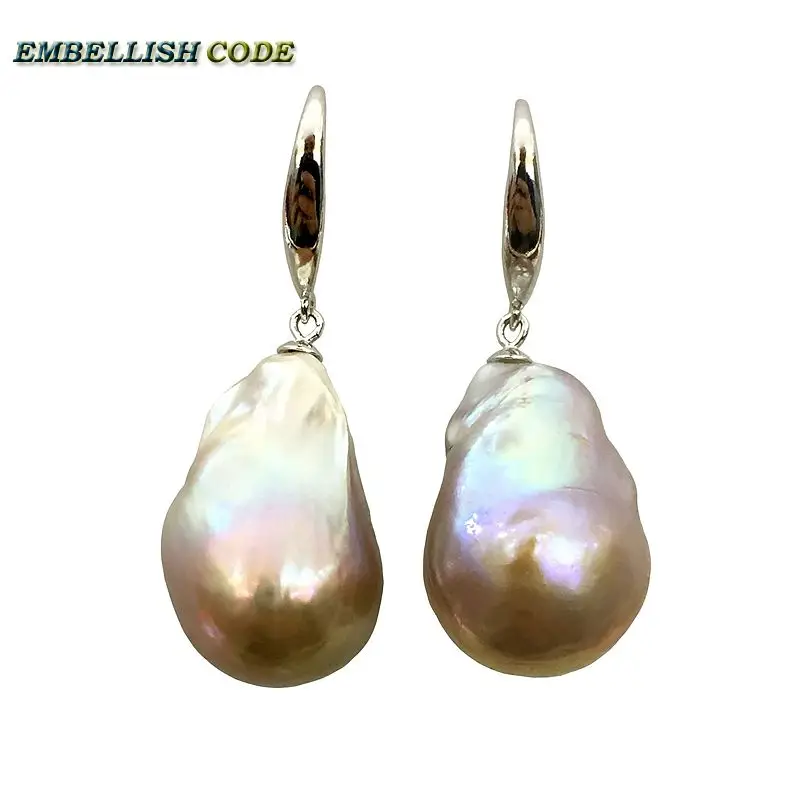 special big size baroque pearl fire ball stely hook dangle earring purple gold color natural pearls 925 Sterling silver for lady