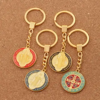 

12pcs Enamel St. Saint Benedict Medal Keychain Patron Saint Of Travelers and Motorists Large Auto Car Protection Key Ring K1668