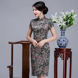 Новое поступление женские короткие Qipao воротник-стойка Cheongsam печати Тонкий китайский цветочный элегантное платье Сексуальная Vestidos плюс