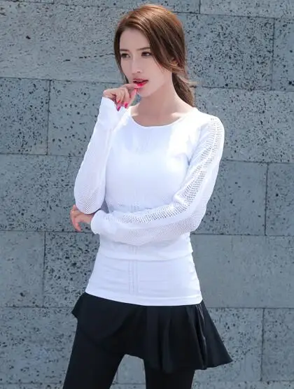 Lucylizz Йога футболка для женщин сетки выдалбливают топы с длинным рукавом бег спортивная рубашка фитнес быстросохнущая одежда спортивная одежда - Цвет: White