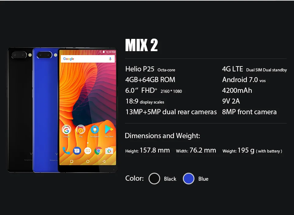 Vernee Mix 2 Mobile Phone 4G Phablet 6.0 inch 189 Android 7.0 Phone 4GB 64GB Smartphone 13MP MTK6757 Octa Core 2.5GHz Cellphone