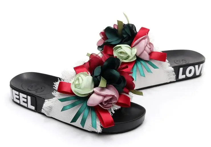 Летний Дамские Тапочки ручной работы, с цветами, пляжные шлепанцы Zapatillas de mujer; обувь на платформе; шлепанцы для ванной комнаты Домашние тапочки c531
