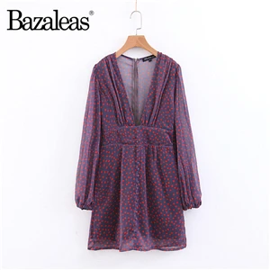 Bazaleas женское шифоновое платье в красный горошек, винтажное женское платье с v-образным вырезом, праздничное платье, Прямая поставка - Цвет: ZD1 purple 8883