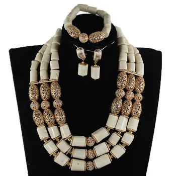 

Real Original White Coral Beads Jewelry Set Gold African Beads Necklace Set for Women Costume Jewellery NCL718