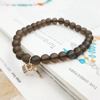 

Natural Smoky Crystal Approx 6mm Sterling Silver Lukcy Charm Key&Lock Bracelet Total size about 7-8.5 inch Fanshion Jewelry