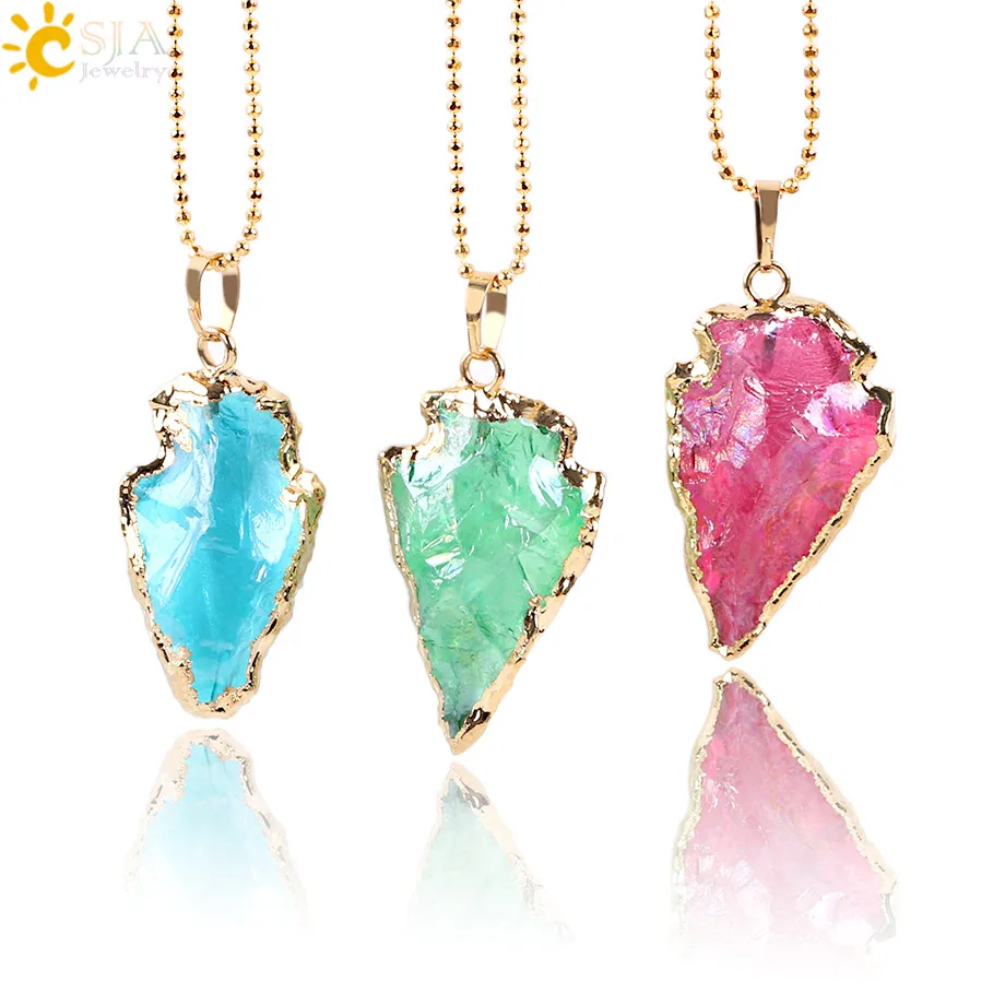 

CSJA Raw Natural Arrowhead Crystal Quartz Pendant Red Blue Green Gem Stone Gold Color Necklaces Statement Healing Jewellery E634