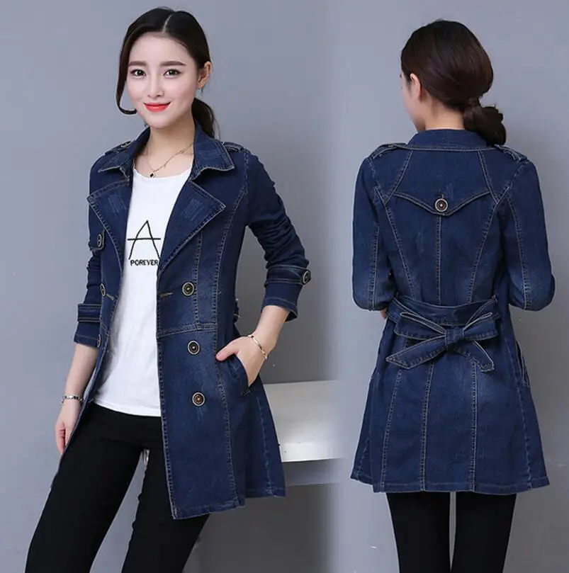 Autumn Women Casual slim Long Denim Trench Coat Female Boyfriend jean Overalls Plus Size Double-breasted Windbreaker coats y79 | Женская