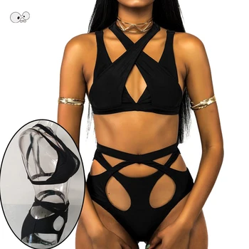 

Bikinis Women Black Bandage Swimsuit Sexy Push Up Swimwear 2018 Summer Hollow Out Bikini Set Cross Bathing Suit Beach Swim Wear