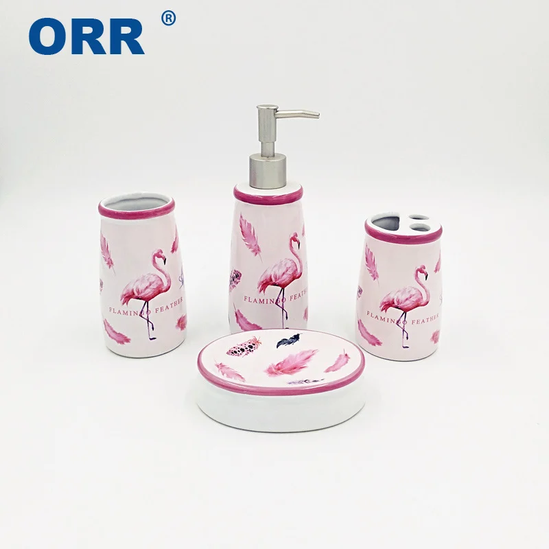 Bathroom set Flamingo accessories 4pcs Ceramic Free shipping toothbrush cup toilet brush soap dish dispenser ORR