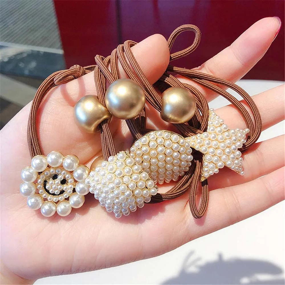 

Trendy Smiley Pearl Elastic Hair Rope Scrunchie Women Girls Ponytail Wild Rubber Band Hair Tie Accessories Romantic Headwear