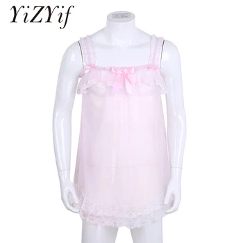 

YiZYiF Mens Sissy Underwear Pink See Through Sheer Elastic Shoulder Straps Frilly Ruffled Lace Hem Soft Tulle Baby Doll Dress