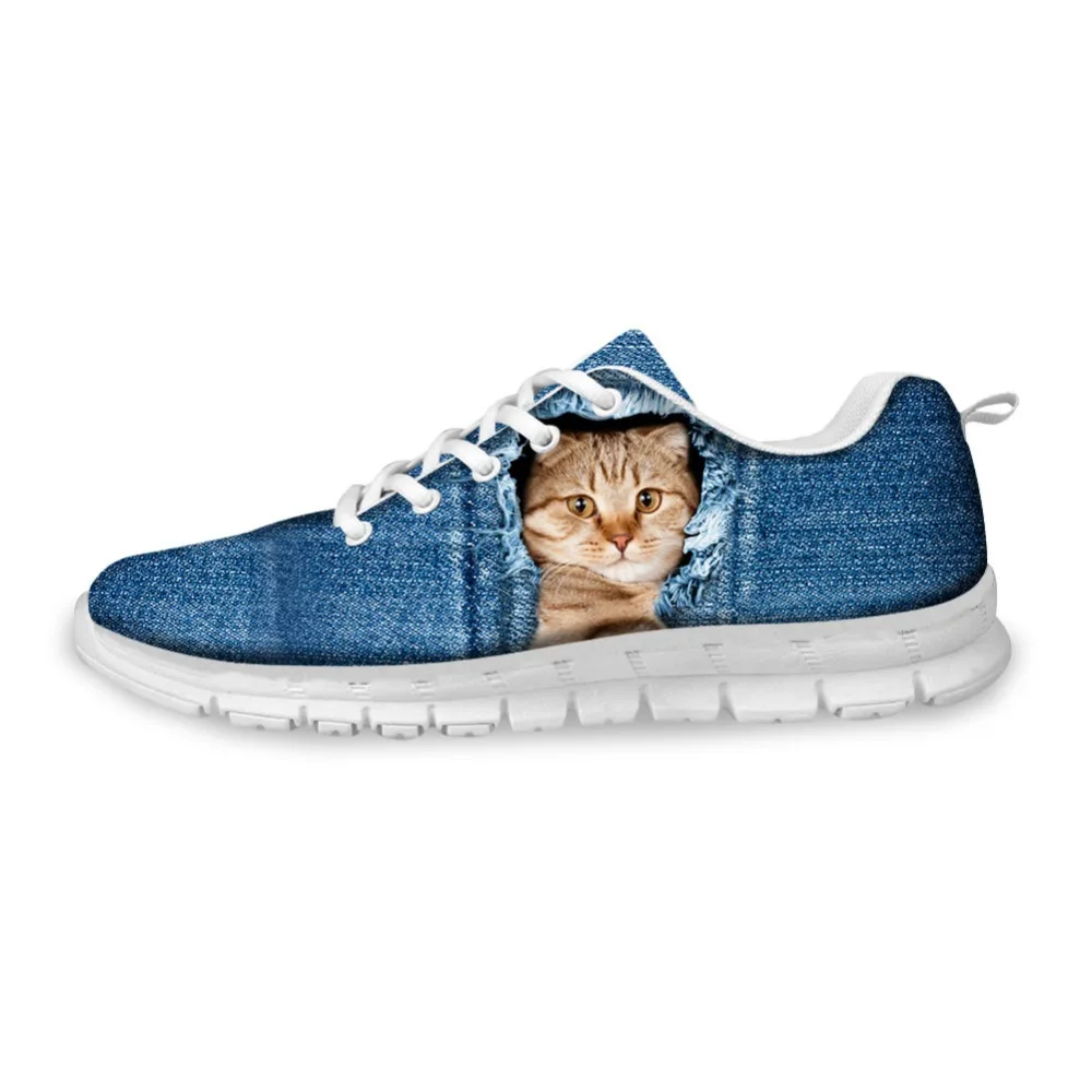 

THIKIN Modish 3D Cowboy Cat Pattern Women Flat Shoes Personalized Custom for Women's Casual Walking Mesh Lace-up Flats Sneakers