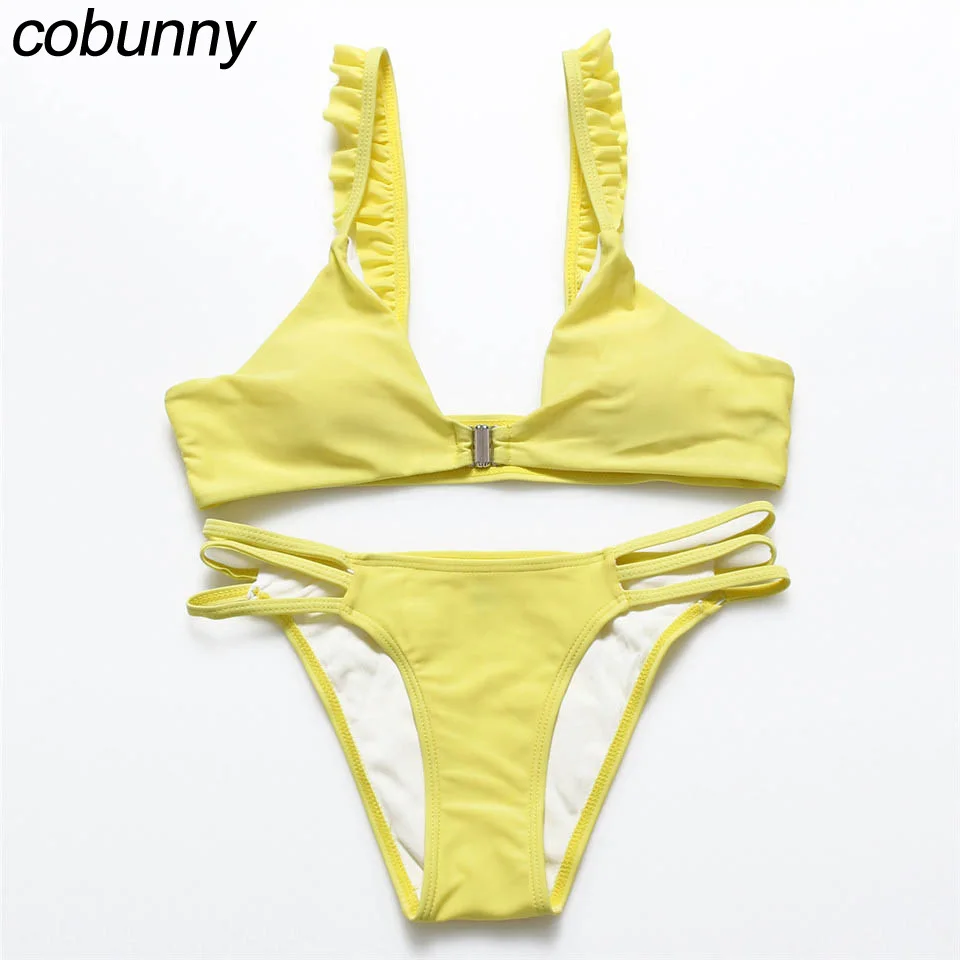 

COBUNNY 2016 New Solid Yellow Women Retro Front Fasten Bikini Swimsuit Swimwear Ruffled Lace Strapped Bikini String Beachwear