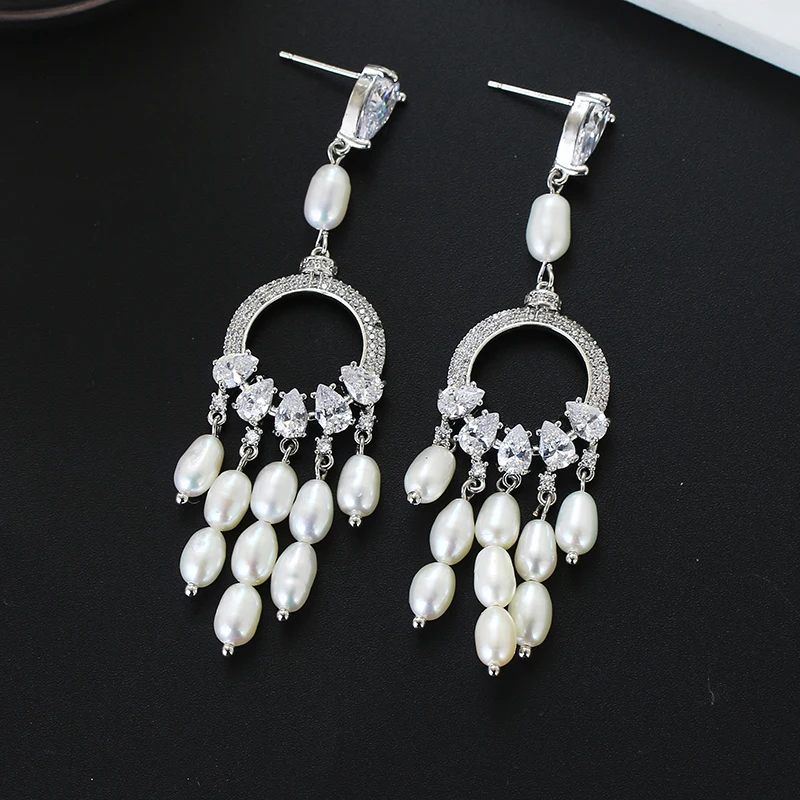 

Natural Irregular Pearl Drop Earrings Tassel String Earrings Zircon Paved Copper Gold Plating Earrings XIUMEIYIZU Fashion New