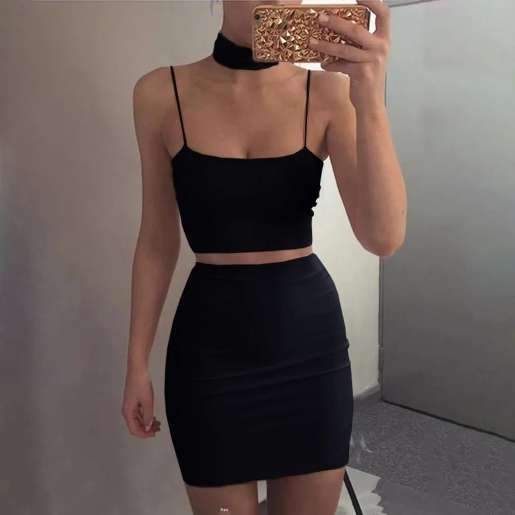KANCOOLD/комплект, женский летний сексуальный комплект из двух предметов, укороченный топ и юбка, приталенное облегающее платье, костюм, Модный женский комплект 2019FEB5 - Цвет: Черный