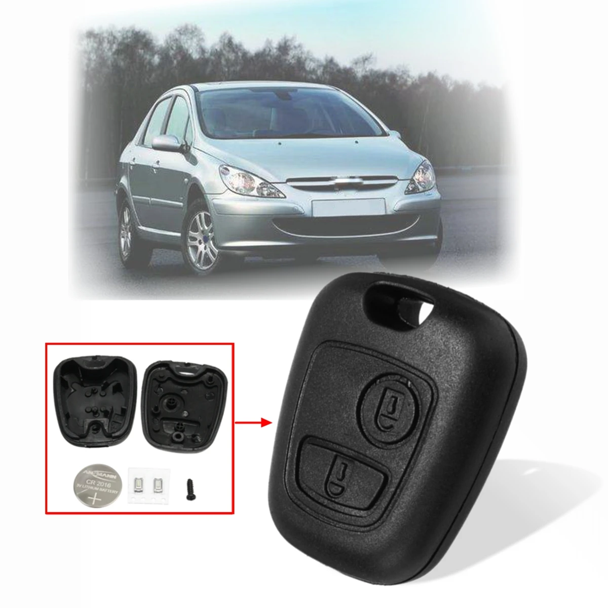 

2 Buttons Car Remote Key Fob Case For Peugeot 106 107 206 207 306 307 405 406 407 Shell with Battery Replacement Kit