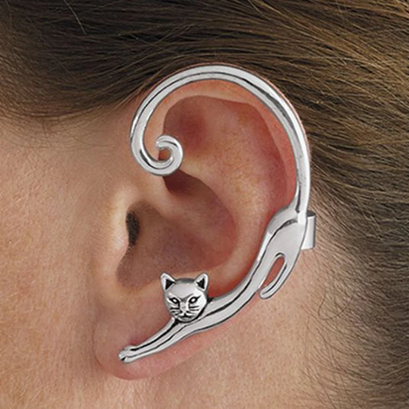 

Drop Single Piece Punk Style Gold Silver Plated Cat Post Earring With Ear Cuff Rock Animal Black Stud Earring Women 2019 Ear Wra