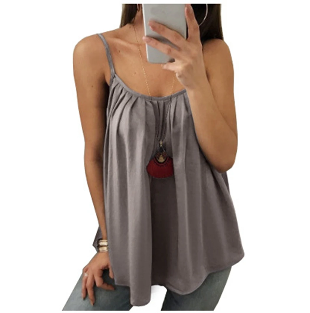 Gray Женская летняя свободная футболка, 6XL, Женская плиссированная майка, топы, Топики, сексуальная шифоновая майка с бретельками, топ, туника, камзол размера плюс - Цвет: Gray