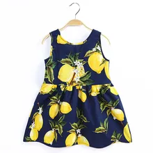 Одежда для малышей платье для девочек без рукавов лимонного цвета платье с фруктовым принтом цвета: темно-синий и белый, на шнуровке, с круглым вырезом, мини-платье Одежда принцессы HOOLER