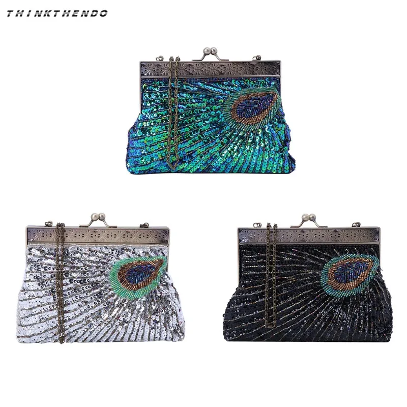 

Women Bag Evening Clutch Bag Party Prom Wedding Handbag Beaded Sequin Peacock Style