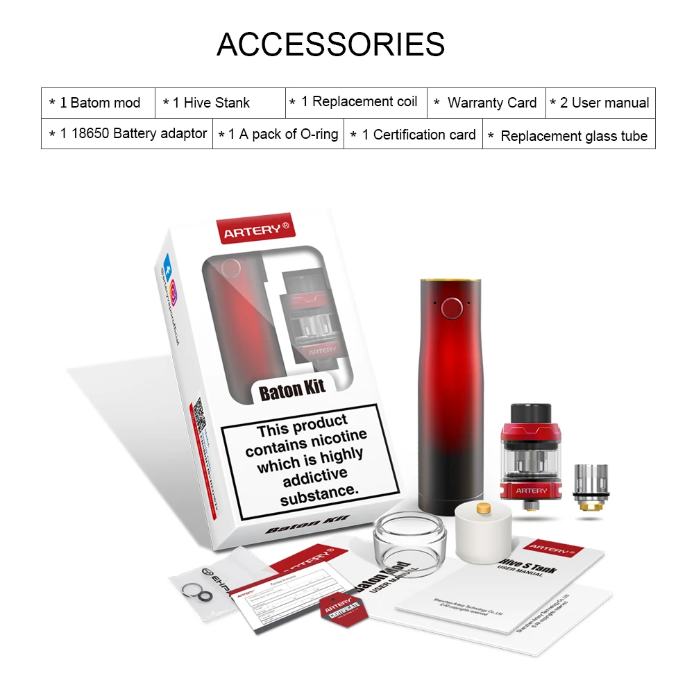Artery Baton Kit Semi-Mechanical Mod with 2ml/3ml Hive S Mesh Coil Sub-ohm Atomizer Vape Pen Kit External Battery Artery Baton Kit Semi-Mechanical Mod with 2ml/3ml Hive S Mesh Coil Sub-ohm Atomizer Vape Pen Kit External Battery