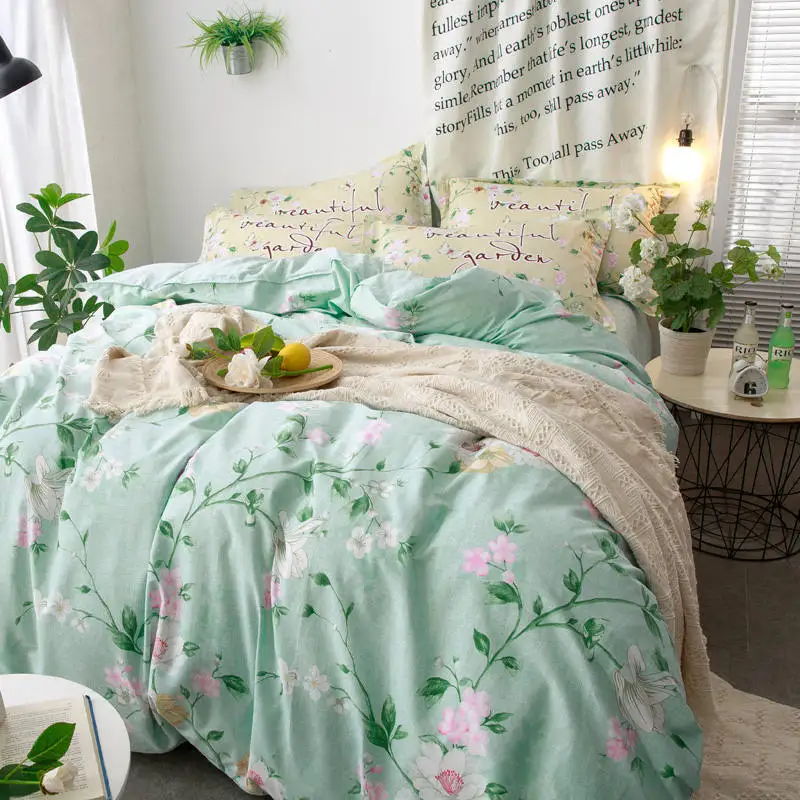 

morden 100% Cotton leaves flower quilt bedding sets 4/5pcs woven green duvet cover queen full size child/girls bed linen sheet