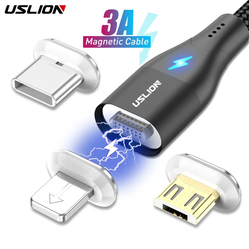 

USLION Micro USB Magnetic Cable Magnet Quick Charge 3A Type C Cable Android Wire Mobile Phone Fast Charging Data Cord For iPhone