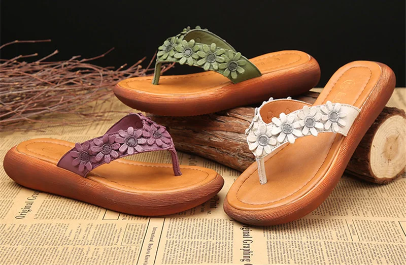 2018 Summer New Flip Flops Original Leather Sweet Flower Women Sandals Comfortable Slope Lady Flat Platform Shoes Ethnic Slipper (8)