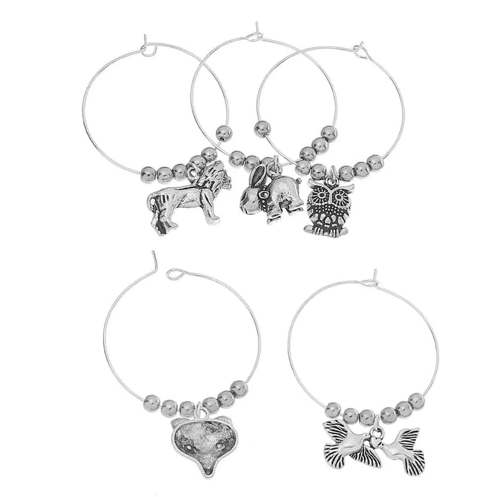DoreenBeads Round Alloy Wine Glass Mark Table Decorations Wine Glass Charms Gifts Antique Sliver Color Fox Lion 4x3.5cm 1 Set