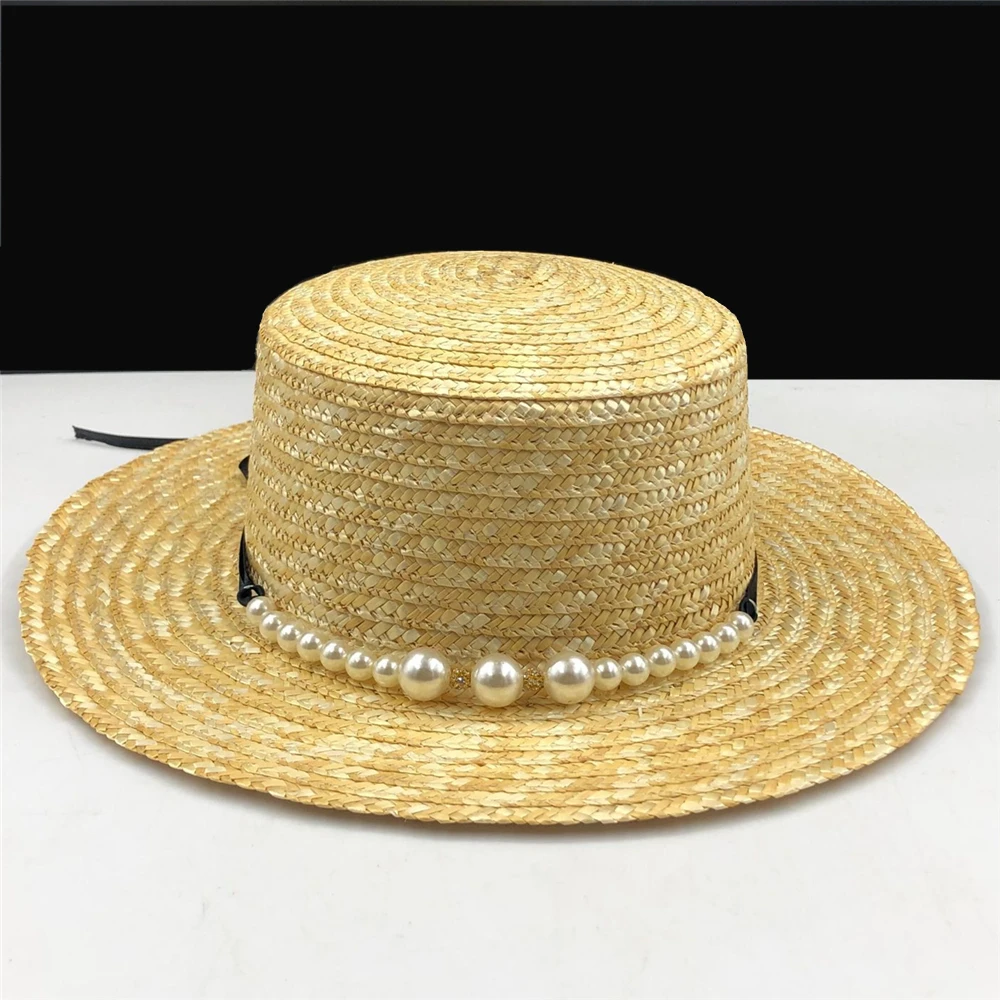 

simple Straw Summer Women Boater Beach Sun Hat For Elegant Lady Queen Fashion Bowknot Round Top Flat Homburg Fedora Caps