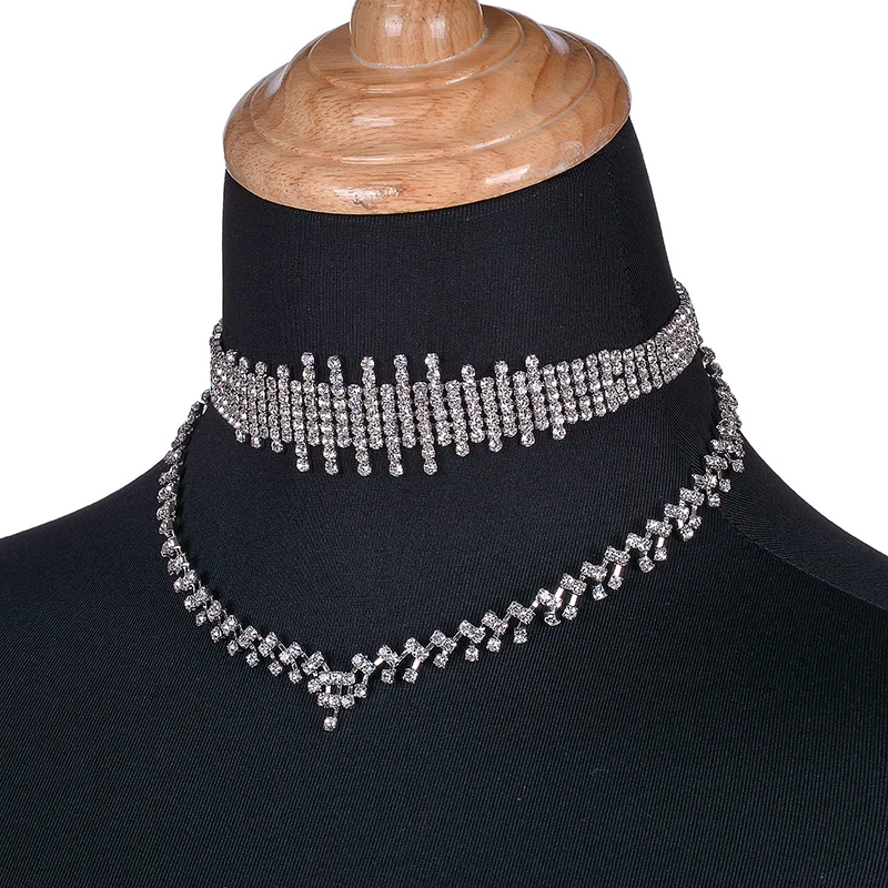 KMVEXO 2017 Fashion Double Layers Heart Crystal Statement Necklace Women Rhinestone Choker Necklace Party Club Wedding Jewelry