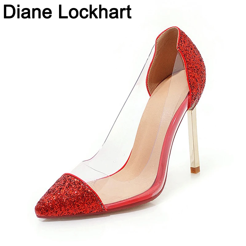 

Women Pumps 2019 spring gold red silver white pink wedding shoes clear pvc sequined cloth pointed toe pumps Size 32 42 43