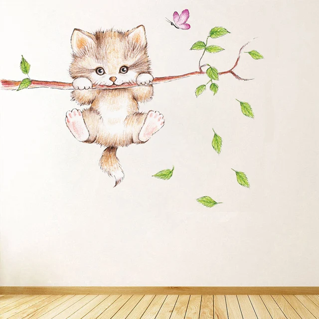 Lovely Cat hanging branches butterfly wall stickers for kids room Children Bedroom cute Animals Wall Decals Nursery Decor Mural 3
