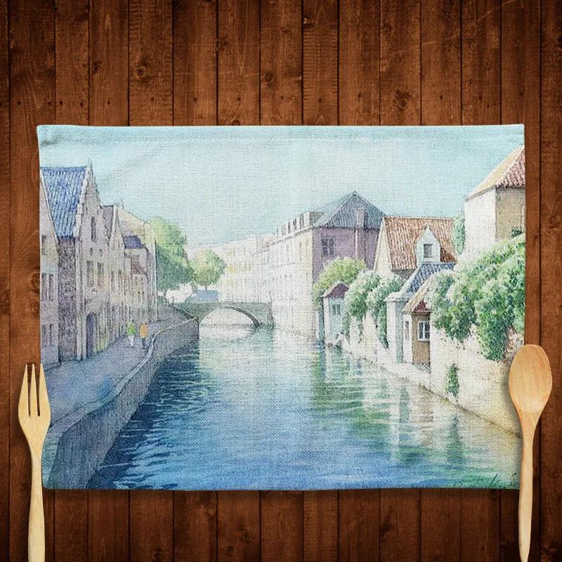 1Piece Castle Pattern Linen Table Mats Western Bowl Pad Non-slip Placemats For Dining Kitchen Accessories Table Coaster