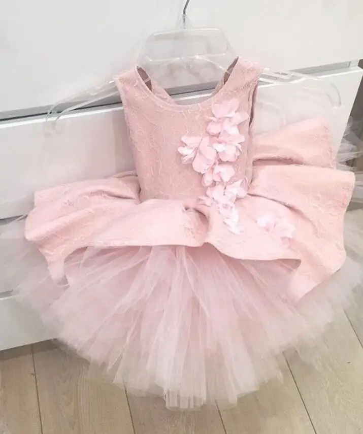 

Blush pink french lace soft tulle flower girl dress with chiffon flowers appliques baby birthday gown toddler tea party outfit