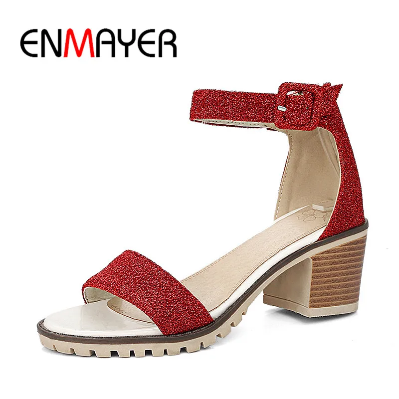 

ENMAYERW Summer Casual Women Sandals Buckle Strap Ankle Strap Square Heel Large Size 34-43 Black Blue Pink Red Silver Purple
