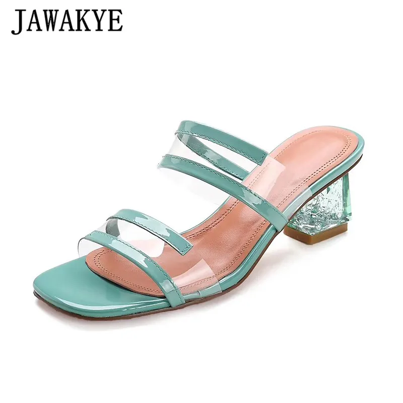 

New Clear Heels Slippers Candy Color PVC Belts Slides Woman Open Toe Transparent Summer Sandals Runaway Shoes Sandalia Feminine