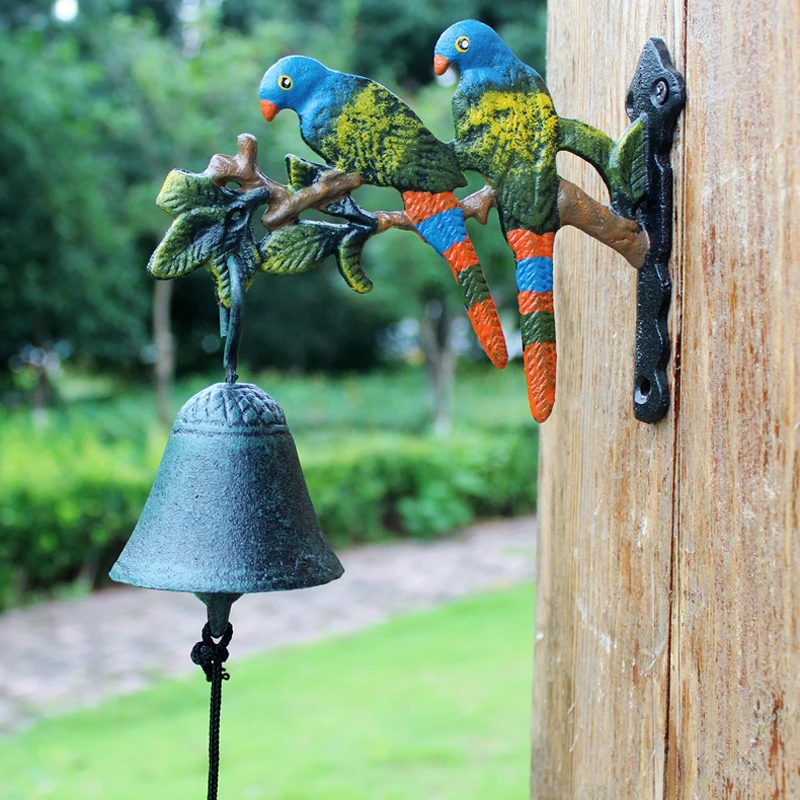 1 European Vintage Country Style Hand Painted Color Couple Parrot Birds Branch Design Cast Iron Door Decor Hanging Bell