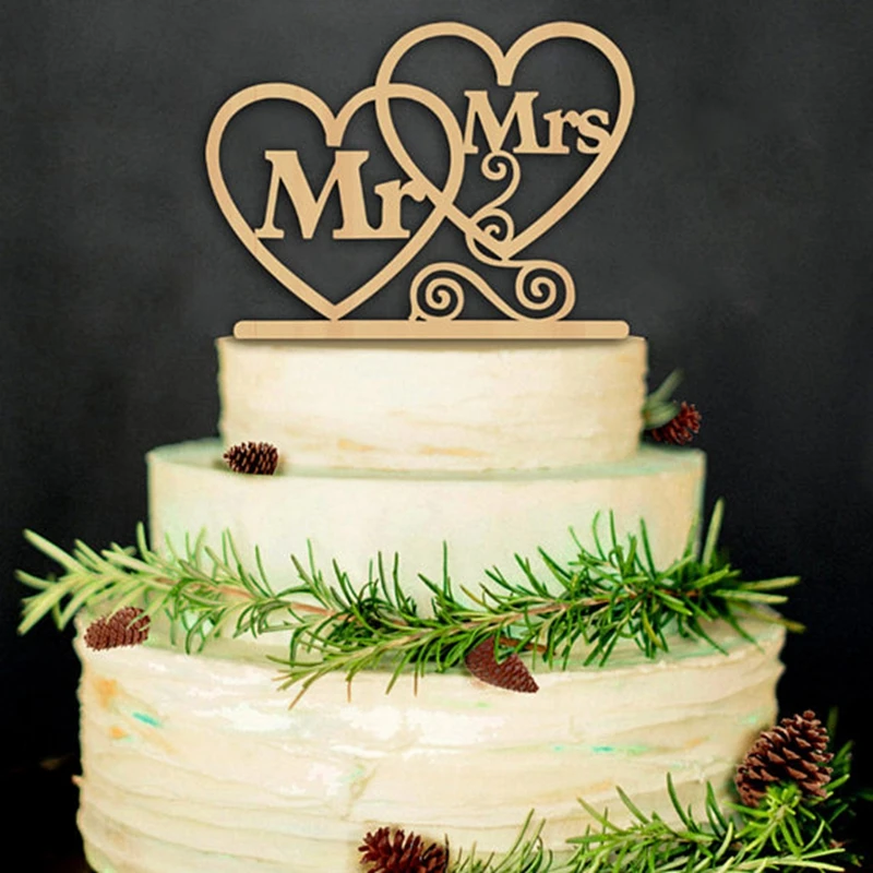 MR&MRS heart wooden Cake Topper wedding decoration