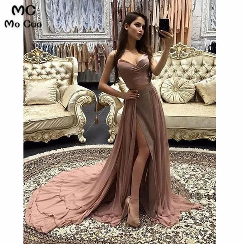 

2019 Elegant Evening Dresses Long Spaghetti Straps V-Neck Chiffon Side Slit Formal Evening Party Dress for Women
