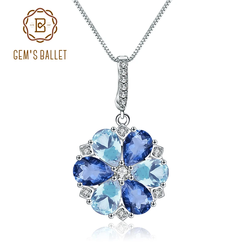 

GEM'S BALLET Natural Mystic Quartz Sky Blue Topaz Gemstone 925 Sterling Silver Flower Pendant Necklace for Women Fine Jewelry