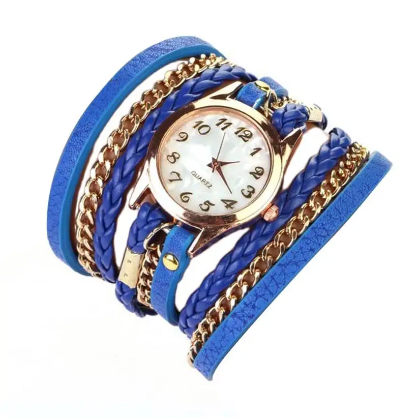 Timezone#301 модные женские часы кожаный ремешок Плетеный намотка заклепки браслет часы наручные часы - Цвет: Синий