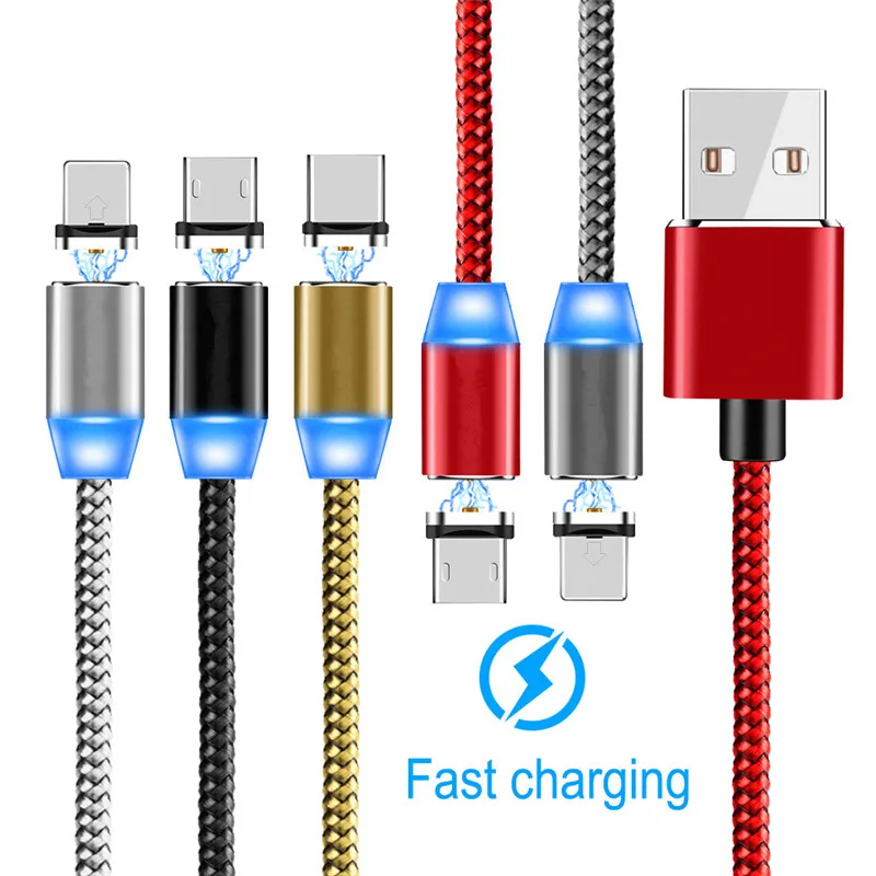 Магнитный светодиодный кабель 1 м Micro USB и Type C зарядный шнур в нейлоновой оплетке