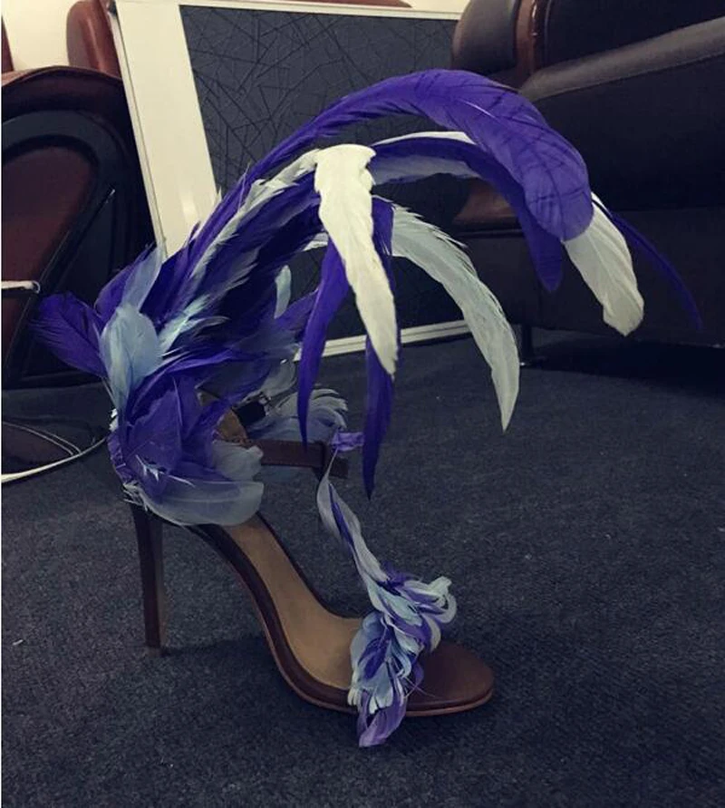 púrpura Altos Más Correas Punta T Azul Señoras 43 Black Sandalias De Sexy Tamaño Pasarela Verano Abierta Tobillo Hebilla Tacones Plumas Mujeres correa EBTqxU