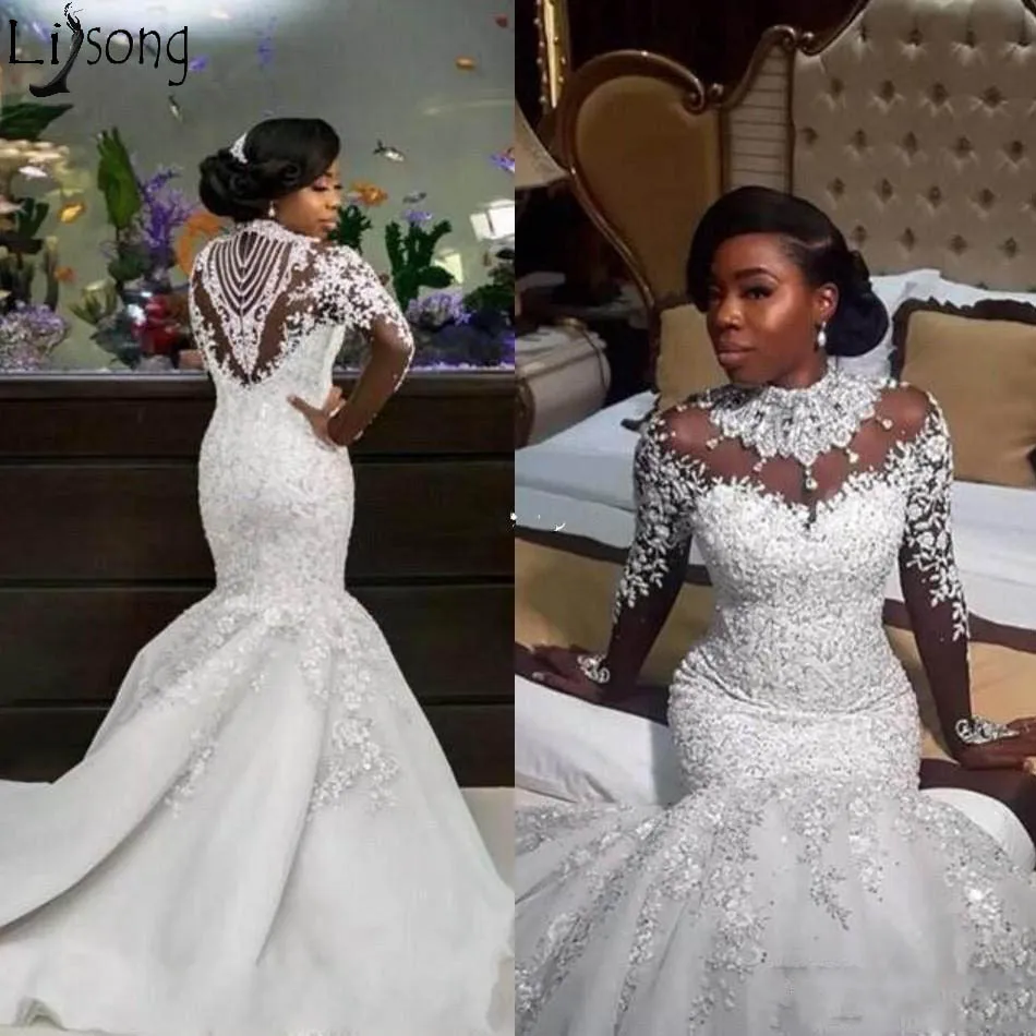 2019 Luxury Mermaid Wedding Dresses Sheer Long Sleeve High Neck Crystal Beads Chapel Train African Arabic Bridal Gowns Plus Size Customized