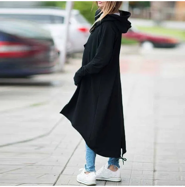 LOSSKY Fashion długi rękaw z kapturem Trench płaszcz 2018 jesień czarny zamek błyskawiczny plus rozmiar 5XL aksamitny długi płaszcz kobiety overcoat Odzież -