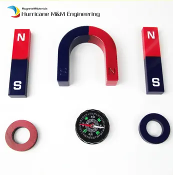 

1 Set Ferrite Magnet Experiment Magnet Kits Large Type Bar U and Ring with Compass blue red / Toy magnet Magnetic Teaching Tool