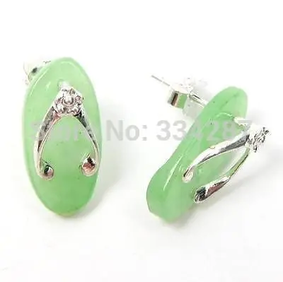 

15X8mm Natural Green Jade 925 Sterling Silver Post Earrings W/ Flip Flop Design